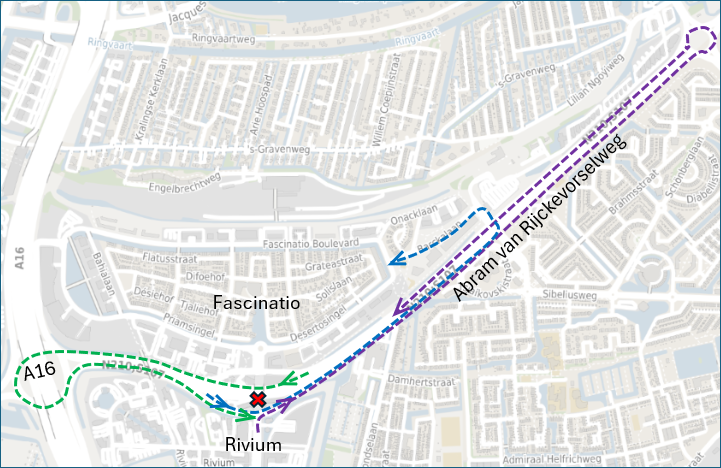 Kaart met omleidingsroutes tijdens de afsluiting van het Riviaduct